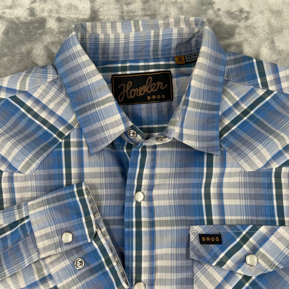 Howler Bros Mens M Pearl Snap Western  Plaid Blue Light Weight Long Sleeve H Bar